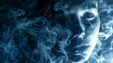 Fototapeta Natura - portrait of a woman face with a smoke, abstract woman face in the dark smoke, smoke background