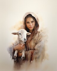 Canvas Print - Portrait of a young woman with a lamb in her arms. Digital painting.