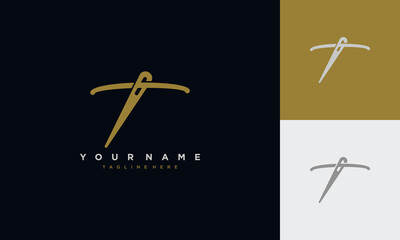 Fototapete - Initial letter t sewing logo formed from thread and needle with gold colour