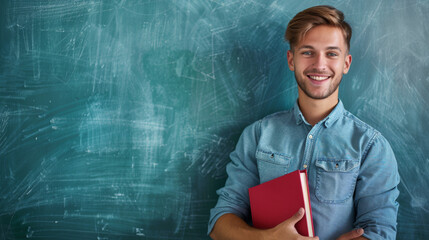 Canvas Print - A smiling young man holds a red notebook against a chalkboard background.