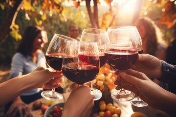 Group of friends gathering for wine tasting in countryside vineyard in summer harvesting season cheering and toasting with friendship comeliness