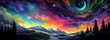 Illustrate a nighttime sky filled with stars a crescent moon and a rainbow colored aurora borealis This can be a beautiful and imaginative coloring experience