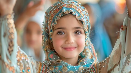 Portrait of a smiling little girl with headscarf. Eid al fitr celebration