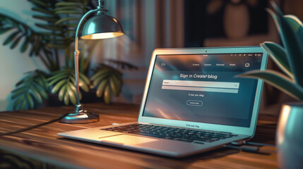 A laptop open on a blog page, surrounded by a desk lamp and houseplants, creating a cozy workspace atmosphere.