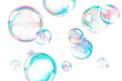 Soap bubbles falling, isolated on a transparent background close-up. Flying soap bubbles of different sizes. Colorful transparent soap bubble, graphic design element, overlay.