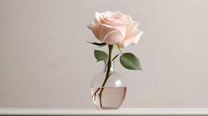 Close up of single pale pink rose in small vase on white sideboard against neutral wall background with copy space to left