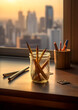 A jar of pencils sits on a table next to a notebook and a pen. The scene is set in a city, with the sun setting in the background. The jar of pencils is the main focus of the image