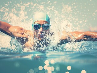 Wall Mural - male swimmer in mid-stroke in pool, water splashing, goggles and cap, , blur, soft light. Concept: competition, speed, sport, pool