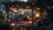 A garden pergola draped in vines and fairy lights, with a cozy seating area perfect for outdoor gatherings.