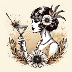 Wall Mural - Flapper girl holding cocktail glass with splash. Art deco, 1920 s style vintage invitation template design for drink list, bar menu, glamour event, wedding, jazz party flyer. Vector art.