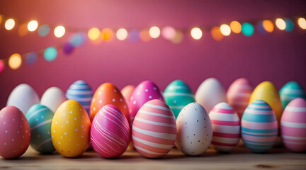 Canvas Print - Set collection of colorful painted striped easter eggs on table with bokeh lights in the pink background