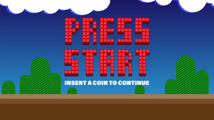 Poster - press start insert a coin to continue .pixel art .8 bit game.retro game. for game assets in vector i