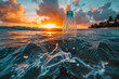 Split view of the ocean with plastic bottle pollution above and below water, showing environmental impact at sunset.
