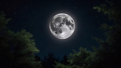 full moon in the night over the green forest