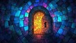 A vintage key lays over a colorful mosaic stained glass background, symbolizing mystery, security, and the unlocking of secrets.