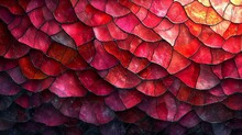 Close-up Of An Abstract Mosaic With Overlapping Red And Purple Stained Glass Pieces, Resembling Fish Scales In Texture.