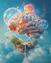 Levitating Brain Exploding Into A Burst Of Vibrant, Interconnected Thought Bubbles. Each Bubble Contains A Miniature World With Diverse Landscapes And Ideas, Illustrating The Expansive Nature.