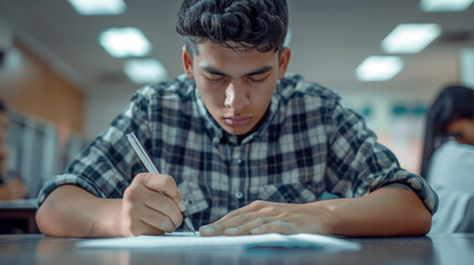 Poster - A young male student with glasses engrossed in writing during a classroom exam.