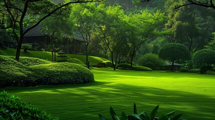 Wall Mural - The green grass in the beautiful background creates a summery atmosphere.
