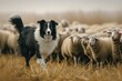 Border collie herding sheep in grassy field landscape