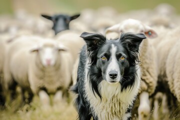 Wall Mural - Border collie herding sheep in grassy field landscape