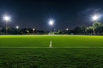Wall Mural - Night soccer field with lights and spectators panorama 