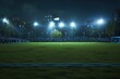 Night soccer field with lights and spectators panorama 