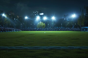 Wall Mural - Night soccer field with lights and spectators panorama 