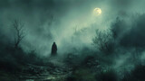 Fototapeta  - A person is walking through a forest at night, with a large moon in the sky. The atmosphere is eerie and mysterious, with the darkness and fog adding to the sense of unease