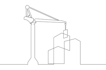 Wall Mural - One continuous line.Construction of multi-storey buildings. Tower crane. Construction of city houses. Construction cranes.One continuous line is drawn on a white background.