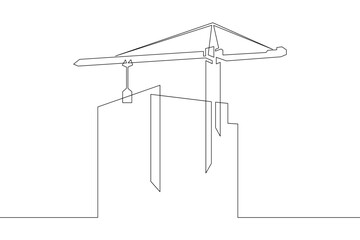 Poster - One continuous line.Construction of multi-storey buildings. Tower crane. Construction of city houses. Construction cranes.One continuous line is drawn on a white background.