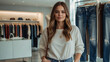 Stilvolle junge Frau sucht Designer-Jeans in einem exklusiven Modegeschäft