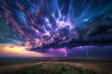 Wall Mural - A dramatic thunderstorm brewing over a vast expanse of rolling plains, with lightning illuminating the sky