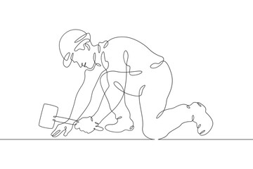 Wall Mural - One continuous line. Construction worker. The builder uses a hammer. Construction works. Building renovation. One continuous line is drawn on a white background.