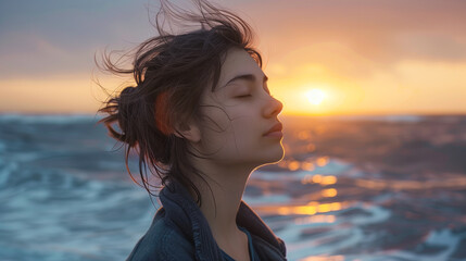 portrait of a girl on the beach at sunset