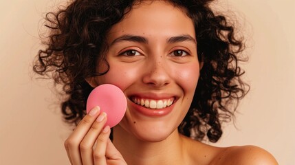 Beauty portrait of a smiling happy young brunette woman making up with a pink beauty sponge on beige background, concept of cosmetic, foundation, make up, beauty, skin care.