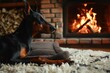 A Doberman lounging contentedly on a plush rug beside a crackling fireplace, its deep chest rising and falling with each peaceful breath