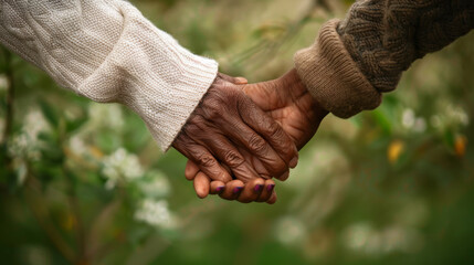 Canvas Print - A supportive hand holds onto the hand of an elderly person with a cane.