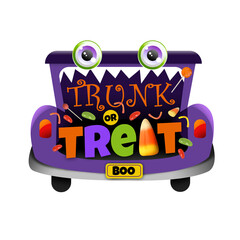 a trunk or treat isolated graphic of a car decorated for halloween theme trick or treat activity wit