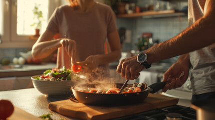 Poster - A man and a woman are preparing food together in a modern kitchen.