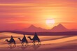 an ancient Muslim Arab walks with an camel in the desert at sunset and at the celebration of eid ala adha