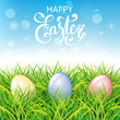 Colorful Easter eggs in grass. Spring landscape with blue sky. Greetig card template. Spring easter design
