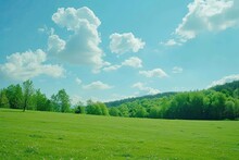 Spring Landscape. Clouds Moving In Clear Blue Sky Over The Green Field And Trees. Green Forest Seen In Distance On Horizon Line. Wide Shot.