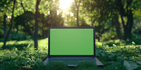 A mockup of an laptop with a green screen, in the forest