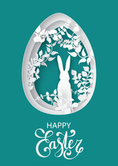 Poster - Easter spring forest with grass, branches, leaves, trees and rabbit. Easter egg shape. Holiday, nature and animals idea.