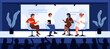 Public meeting of speakers, science forum on auditorium stage in front of audience. Group of scientists sitting in chairs in spotlights, people speaking on symposium event cartoon vector illustration