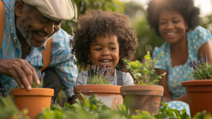 Poster - Grandparents and a grandchild enjoy planting in terracotta pots together.