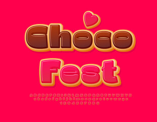 Poster - Vector event flyer Choco Fest with decorative Heart. Bold Sweet Font. Puffy set of pink glazed Alphabet Letters and Numbers.