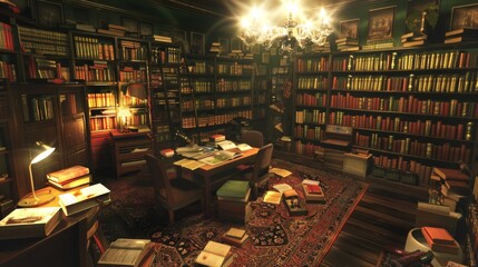 Wall Mural -  a room filled with lots of books and a chandelier above a table with a lamp on top of it.