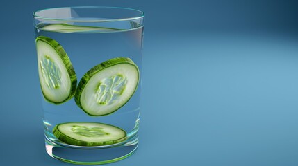 Poster -  a glass filled with cucumber slices sitting on top of a blue table next to another glass filled with cucumber slices.